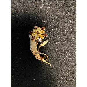Spencer Co 12ktgf brooch flower with yellow and brown glass signed